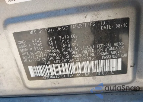 2011 Subaru Legacy 2.5I из США, поврежденный, VIN 4S3BMCA60B3219995